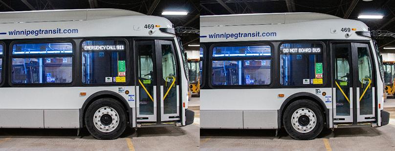 Bus displays on side of bus showing "Emergency call 911" and "Do not board bus"
