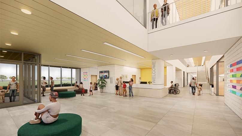 Rendering of the South Winnipeg Recreation Campus lobby.